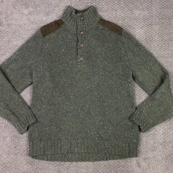Eddie Bauer Sweater Men's Medium Green Speckled Shoulder Patches Wool Cotton - Picture 4 of 11